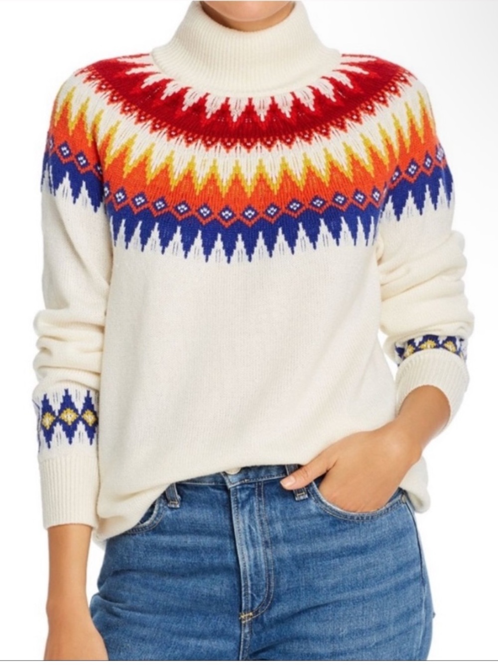 Cream Turtleneck Sweater with Red, Blue & Yellow Fair Isle Yoke